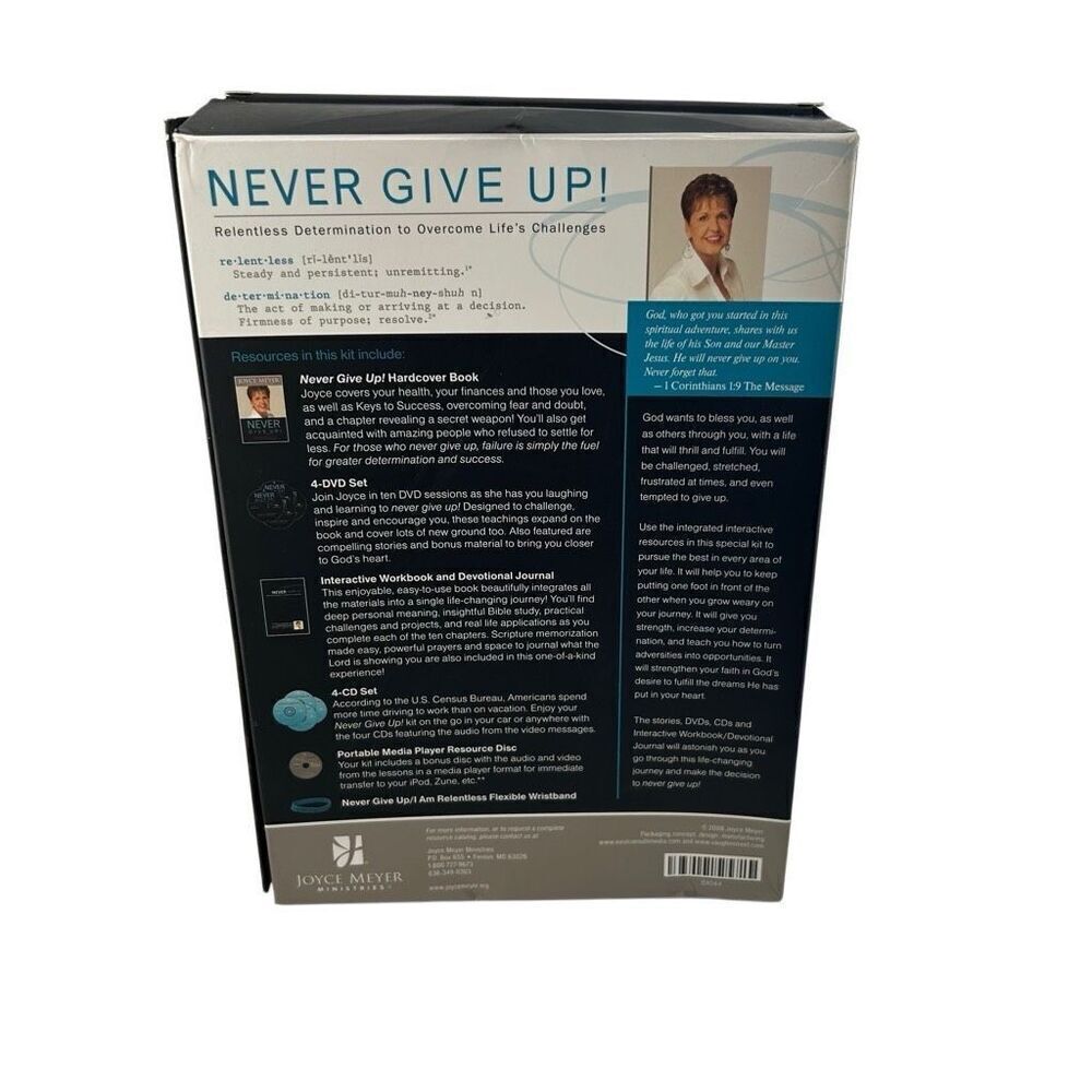 Never Give Up Joyce Meyer 4 DVDs , Workbook, Media Player Disk.  No Hardback Boo